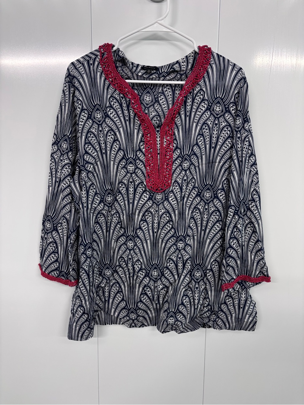 Talbots Tunic Top Women XL Blue White Embellished Beaded Ethnic Preppy Chic
